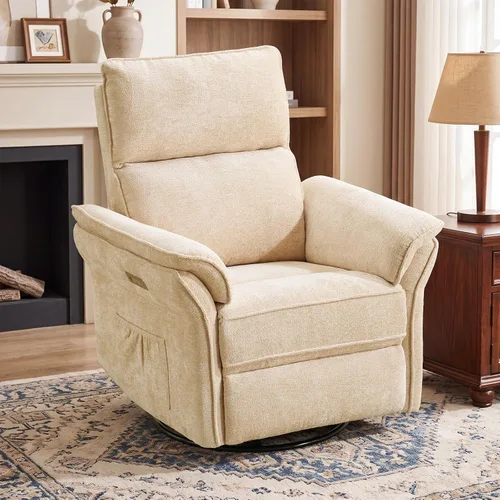 Vista 19 de Sillón reclinable giratorio de gran tamaño con reposacabezas ajustable, mecedora para guardería con reposabrazos sobrerelleno, silla reclinable Beige