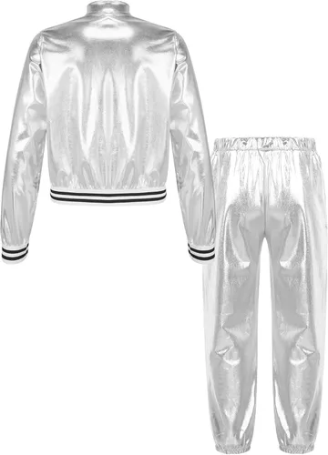 Vista 2 de YiZYiF Conjunto de ropa de baile para niños y niñas, disfraz de hip hop, jazz, chaqueta bomber metálica brillante con pantalones de cintura alta