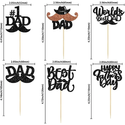 Vista 2 de Gyufise 24 piezas de decoración para cupcakes con bigote con purpurina negra del mundo para el mejor papá del mundo, decoraciones para el Día