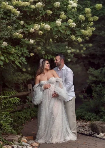 Vista 7 de yinyyinhs Vestido de maternidad de tul con perlas para sesión de fotos, manga larga hinchada, hombros descubiertos, vestido de maternidad para baby