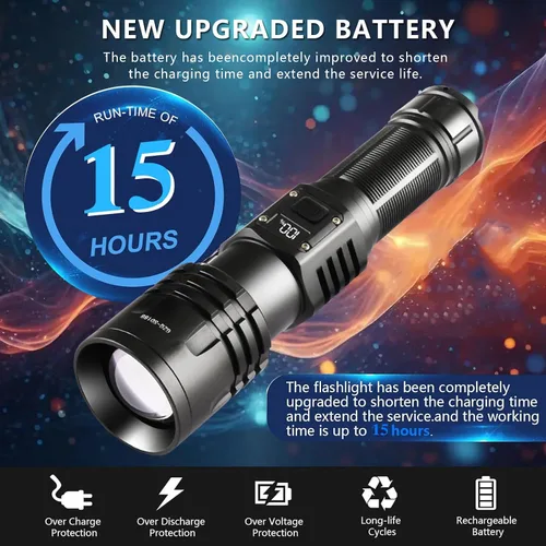 Vista 5 de Linternas LED Recargables de Alto Lúmenes, Linterna de 10000mAh de Alta Potencia Impermeable Más Brillante Linterna Zoomable con Foco