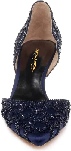 Vista 5 de XYD Zapatos de tacón para mujer, elegante puntera puntiaguda, tacones bajos D'Orsay Kitty, tachuelas de diamantes de imitación, zapatos de satén sin