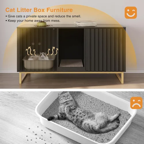 Vista 6 de Caja de arena para gatos para 2 gatos, caja de arena de 47.6 pulgadas, muebles ocultos con almohadilla para rascar, armario grande para habitación