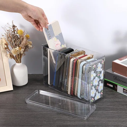 Vista 6 de BTSKY Caja organizadora transparente para teléfono, caja de almacenamiento apilable con tapa para fundas de teléfono celular, funda multifuncional