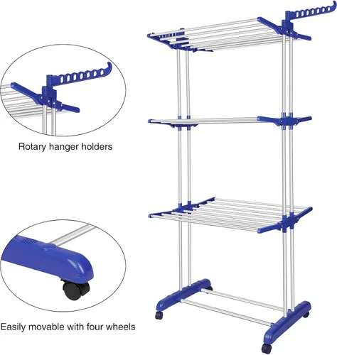 Vista 4 de Clothes Drying Rack Folding Clothes Rail 3 Tier Clothes Horses Rack Stainless Steel Laundry Garment Dryer Stand with Two Side Wings, Blue + Grey