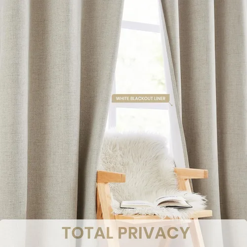 Vista 6 de Cortinas opacas de lino beige Melodieux de 63 pulgadas de largo para dormitorio, sala de estar, 100% cortinas con ojales para bloquear la luz