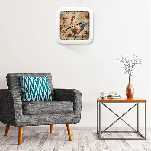 Vista 5 de 10" Square Modern Wall Clock,Art Chicken Animal Painting Print Kitchen Clocks Wall Battery Operated,Silent Non Ticking Unique Funny Cute Wall Clock
