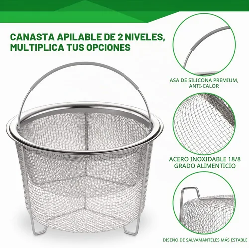 Vista 2 de AOZITA Cesta de vapor para accesorios de Instant Pot de 6 cuartos o 8 cuartos de galón - 2 niveles apilables de acero inoxidable 18/8 de malla