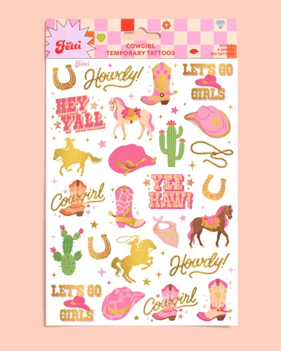 Vista 7 de xo, Fetti Cowgirl 100 tatuajes temporales de lámina dorada Decoraciones de fiesta de cumpleaños, accesorio de vaquera Giddy Up, recuerdo temático