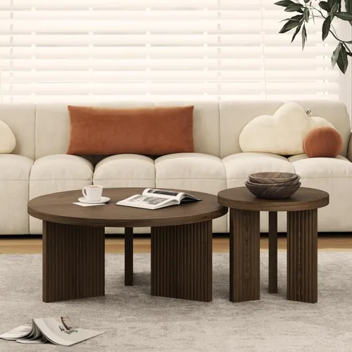 Vista 16 de Mesa de centro redonda de madera, mesa de centro de 35 pulgadas con mesa gruesa y lisa, mesa central de círculo bajo con patas estables