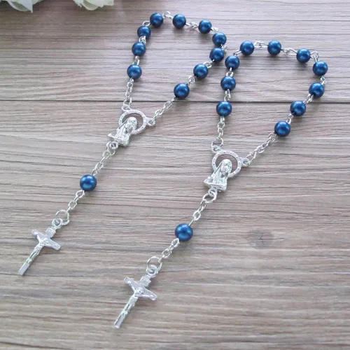 Vista 6 de WE Bautismo Favores Mini Rosarios para niño - (24 unidades) Cuentas Azul Marino con Acentos Plateados - Recuerditos De Bautismo - Rosarios de Dedo