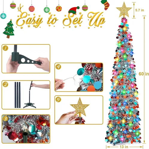 Vista 3 de RACPNEL Árbol de Navidad de oropel desplegable de 5 pies con luces LED, lentejuelas, adorno de árbol, árbol de Navidad plegable artificial