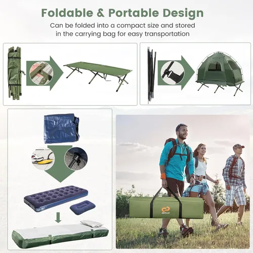 Vista 9 de Goplus Catre de Tienda de Campaña, Cama Plegable 5 en 1 con Colchón de Aire, Almohada, Saco de Dormir, Refugio de Tienda Elevado Impermeable, Catre