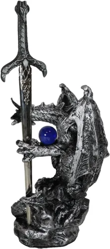 Vista 4 de Ebros Gift Dragón blindado de plata legendario sosteniendo orbe azul y espada draconiana abrecartas escultura escultura decorativa para el hogar