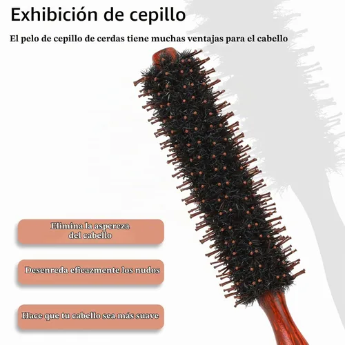 Vista 7 de Mozeat Lens Cepillo para el cabello, cepillo redondo pequeño de cerdas de jabalí con alfileres de nailon y mango de madera, cepillo para dar volumen