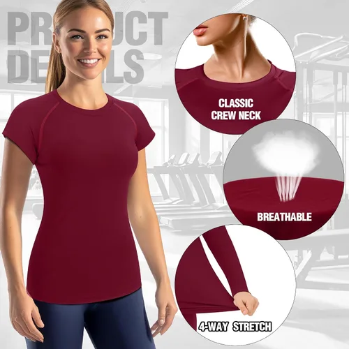Vista 3 de Coume Paquete de 4 camisetas de compresión para mujer, de manga corta, para entrenamiento, correr, atletismo, yoga, gimnasio, equipo deportivo
