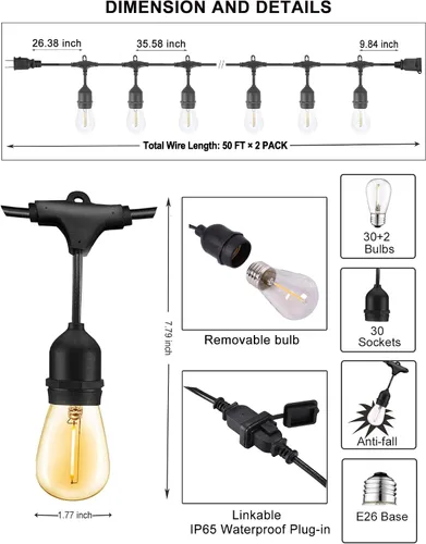 Vista 8 de Tira de luces para exteriores, luz de patio de 100 pies con 32 bombillas Edison regulables S14 inastillables, iluminación exterior resistente al