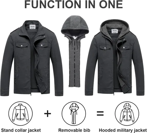 Vista 2 de Pursky Chaqueta militar para hombre, abrigo de lona con capucha de algodón lavado, abrigo de otoño