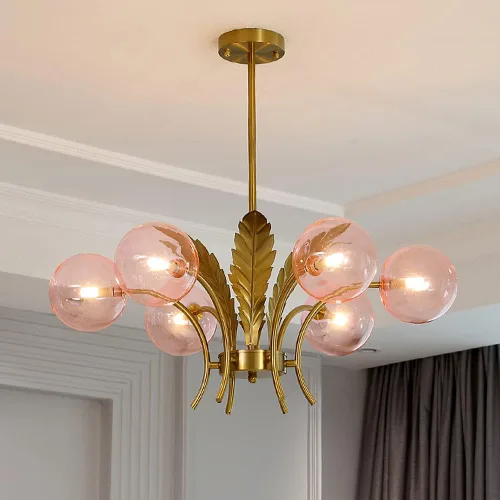 Vista 8 de Lámpara de araña Sputnik moderna con 6 luces, esfera con globos de cristal, lámpara colgante con decoración de hojas, acabado blanco