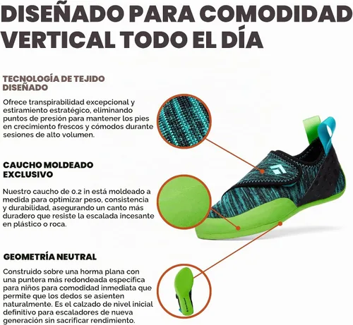 Vista 3 de BLACK DIAMOND Zapatos de escalada para niños Momentum Parte superior de punto Suela de goma duradera de 4.3mm Cierre de velcro para gimnasio