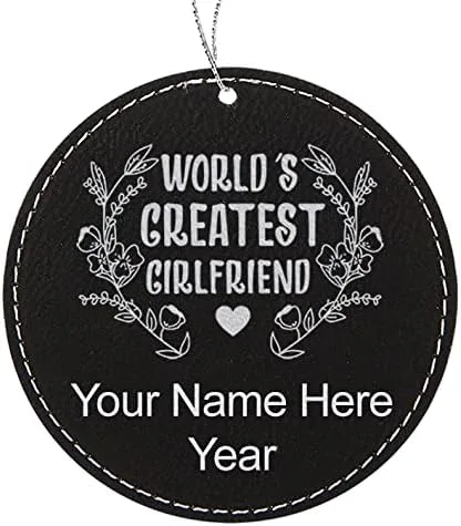 Vista 4 de LaserGram Personalized Christmas Ornament, World's Greatest Girlfriend, Faux Leather, Custom Laser Engraved Gift Idea (Round Shape, Black with Gold)