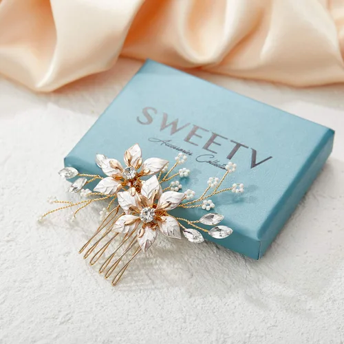 Vista 5 de SWEETV Peine de pelo de novia dorado, hecho a mano, pinza para el pelo de boda, accesorios para el cabello para mujer Dorado-b