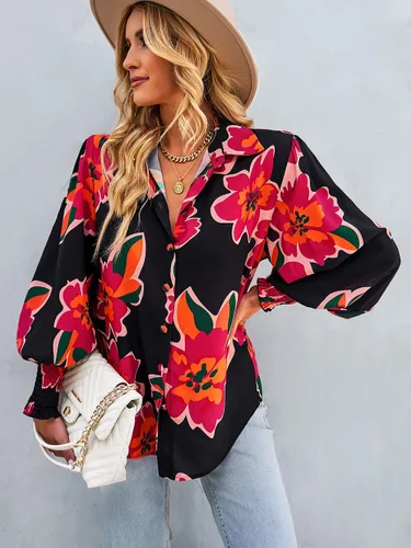 Vista 3 de Camisa estampada elástica para mujer, con estampado floral, de manga larga, con botones, para mujer