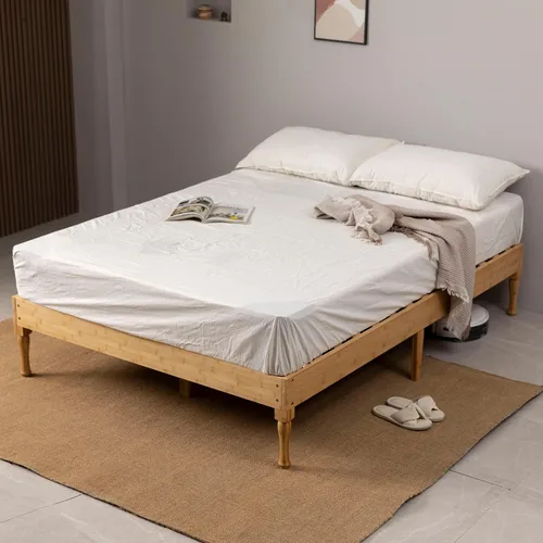 Vista 3 de Marco de cama de plataforma de madera de bambú/soporte de listones de madera/no necesita somier/fácil montaje, naturaleza, completo