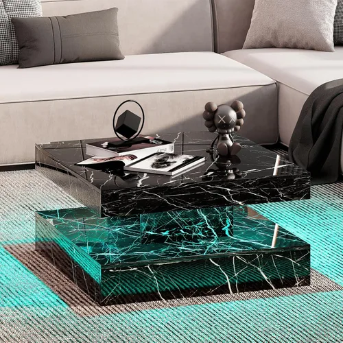 Vista 20 de HedoAjim Mesa de centro LED negra para sala de estar, mesa de sala de estar, mesas centrales cuadradas de 2 niveles, mesas de centro de madera