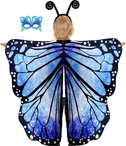 Vista 2 de D.Q.Z Chal de alas de mariposa de hadas para niñas, capa y máscara de diadema de arco iris, Halloween, fiesta de disfraces