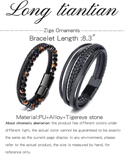 Vista 7 de Long tiantian Mens Bracelet Bracelet for Men Leather Cuff Bracelet Black Leather Wrap Bracelet Studded Boho Cuff Bracelets Handmade Splicing Bangle