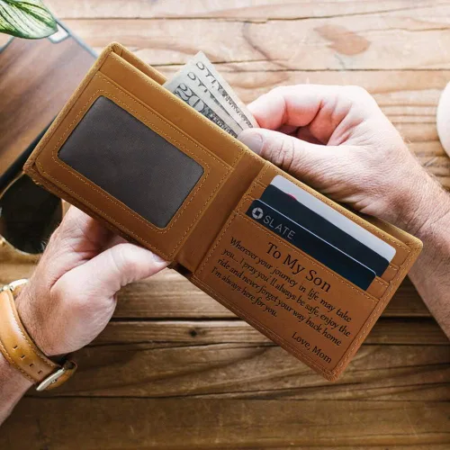 Vista 3 de Kenon Cartera de cuero personalizada para hombres, con bloqueo RFID grabada, billetera elegante para marido, hijo, papá, cumpleaños, San Valentín