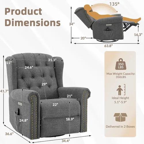 Vista 2 de Silla reclinable mecedora giratoria eléctrica con masaje y calor, mecedora eléctrica para cuarto de bebé, para sala de estar, silla reclinable Gris