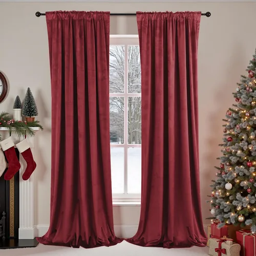Vista 7 de Cortinas opacas plisadas de terciopelo rojo con ganchos, cortinas de Navidad para sala de estar, cortinas Rojas de Navidad para sala, cortinas