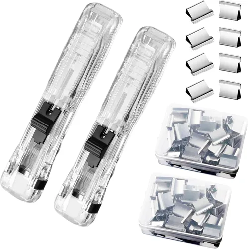 Vista 10 de Engrapadora de empuje, clips para carpeta, abrazaderas de papel, grapadora de escritorio con 50 clips de repuesto de acero inoxidable reutilizables
