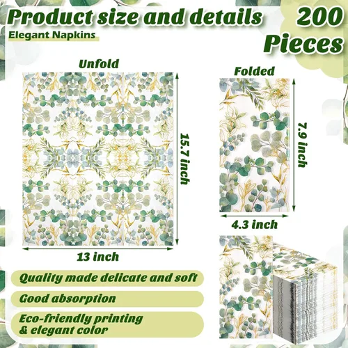 Vista 3 de Spiareal - 120 servilletas de papel verde de 3 capas desechables para invitados, toallas de mano para baño, hojas de eucalipto verdes, servilletas