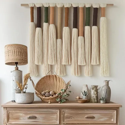 Vista 8 de Jakalin Macramé para colgar en la pared, arte de pared de fibra con borlas Negro