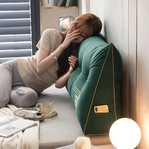 Vista 6 de HM&DX Almohada de lectura triangular con cuña para cabecero, almohada de respaldo de terciopelo con funda extraíble y bolsillos laterales