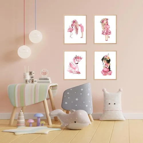 Vista 6 de Lienzo decorativo para pared de niña flamenco, cuadro rosa acuarela princesa floral decoración de animales para baby shower, baño, cuarto de bebé