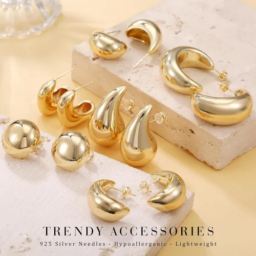 Vista 5 de LOUMILEO 6 Pairs Chunky Gold Hoop Earrings Set for Women 14K Gold Plated Teardrop Waterdrop Earrings Dupes Lightweight Hypoallergenic Gold Earrings