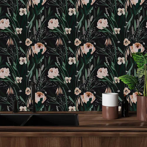 Vista 3 de VaryPaper Papel tapiz floral negro, verde y rosa, de 17.7 x 118 pulgadas, papel tapiz autoadhesivo de vinilo, papel de contacto floral decorativo