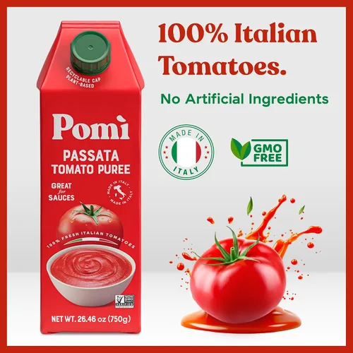 Vista 3 de Pomì Tomato Passata 26.46 onzas (paquete de 6) – Hecho en Italia – Puré de tomate cremoso y aterciopelado con toque de sal, sin aditivos ni