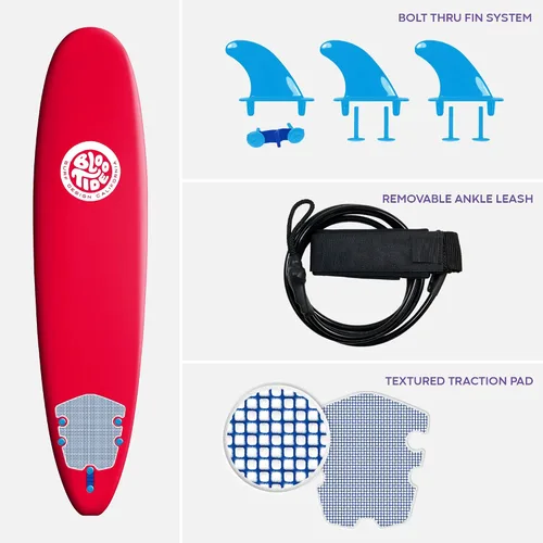 Vista 6 de Bloo Tide Tabla de surf de 8 pies con parte superior suave roja con diseño de Wavizm azul gráfico inferior