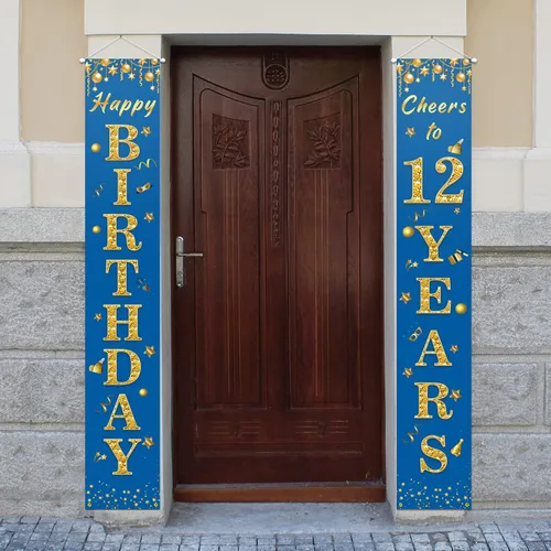 Vista 4 de Cartel de feliz cumpleaños número 12 para porche, decoración azul – Decoración temática de fiesta de bienvenida a los 12 años para niños y niñas
