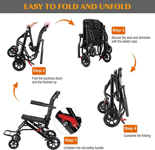Vista 3 de Silla de ruedas ligera, silla de ruedas plegable portátil con frenos de mano de bloqueo, sillas de ruedas plegables para adultos y personas mayores