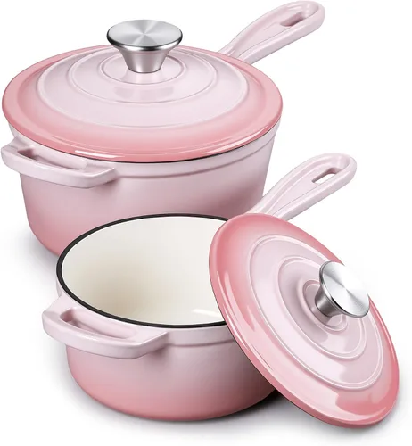 Vista 25 de E-far Sartén de hierro fundido esmaltado con tapa, cacerola de horno holandés de 1 cuarto de galón, mini olla para cocinar, hervir, saludable
