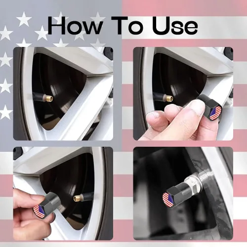 Vista 6 de ASUBHA 4 tapas de vástago de válvula de neumático con bandera estadounidense, tapones de aire de aluminio para neumáticos con junta tórica de goma