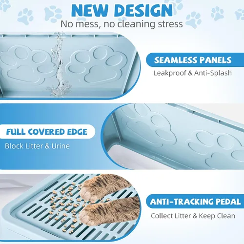 Vista 5 de Caja de arena cubierta para gatos con alfombrilla de arena, plegable, extra grande, puerta ajustable de doble entrada, diseño de cajón, caja de Azul