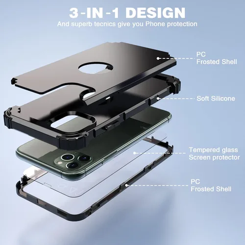 Vista 8 de IDweel Funda para iPhone 11 Pro Max con protector de pantalla de vidrio templado, híbrida 3 en 1 a prueba de golpes, delgada, resistente, cubierta