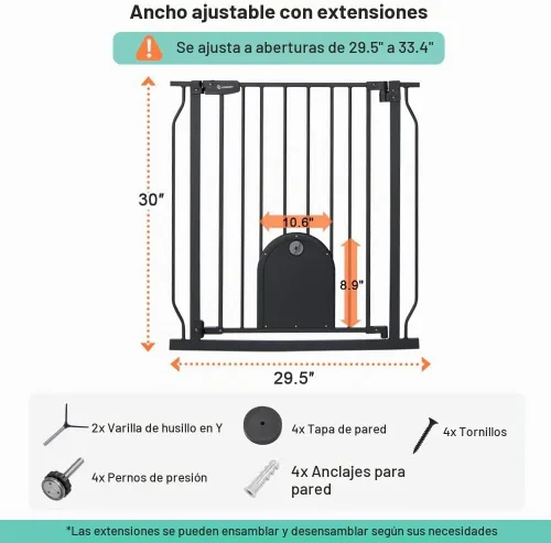 Vista 7 de COMOMY Puerta para mascotas de 29.5-33.4 pulgadas con puerta ajustable para gatos, puerta de metal extra ancha para puertas de escaleras, puerta